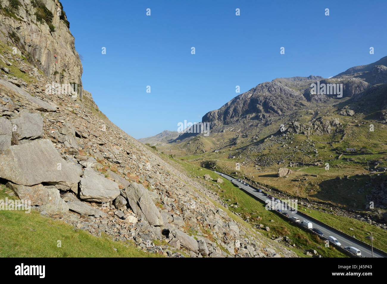 Llanberis Pass in evening sunlight with the cliffs of Dinas Mot below Crib Goch (Red Comb), a