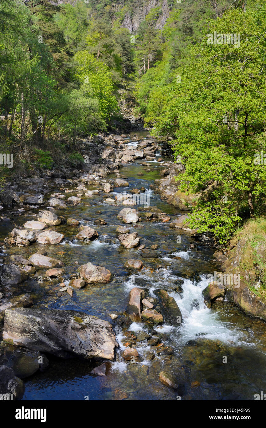 Afon Glaslyn, flowing through the scenic Aberglaslyn Pass (Bwlch Aberglaslyn in Welsh) in North Wales. A scenic steep sided valley / gorge in Snowdoni Stock Photo