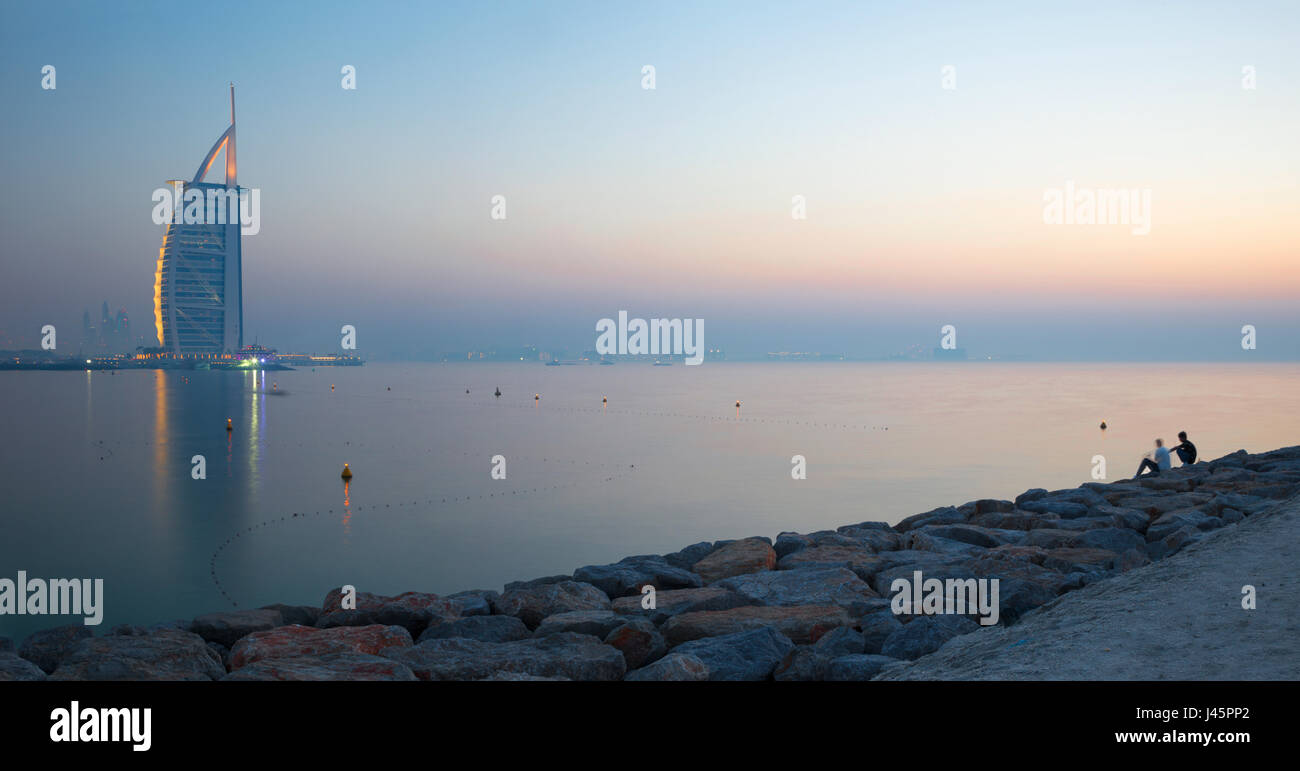 DUBAI, UAE MARCH 30, 2017 The evening skyline with the Burj al Arab