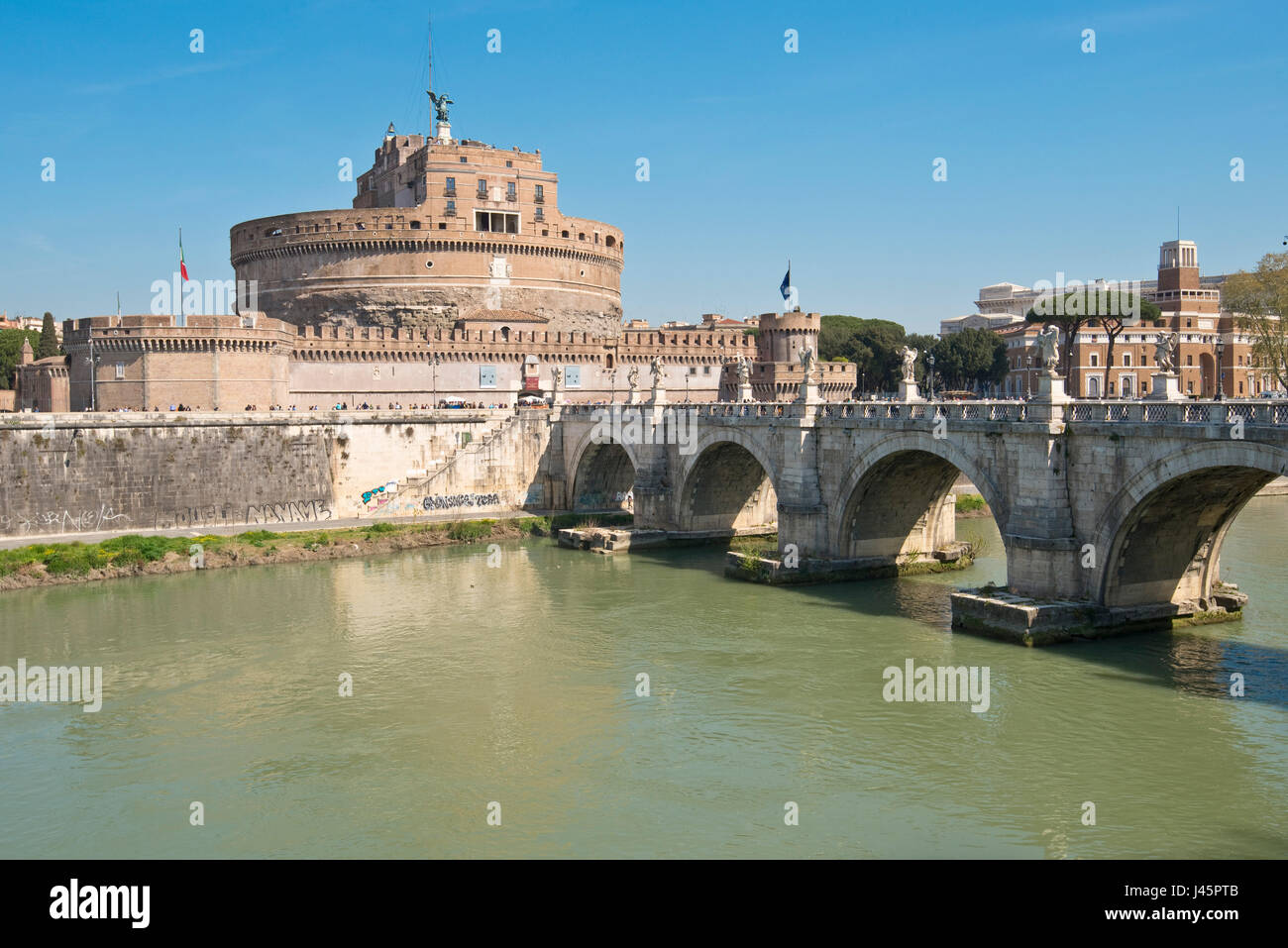 The Mausoleum of Hadrian, usually known as Castel Sant'Angelo 'Castle of the Holy Angel', is a towering cylindrical building in Parco Adriano. It was  Stock Photo