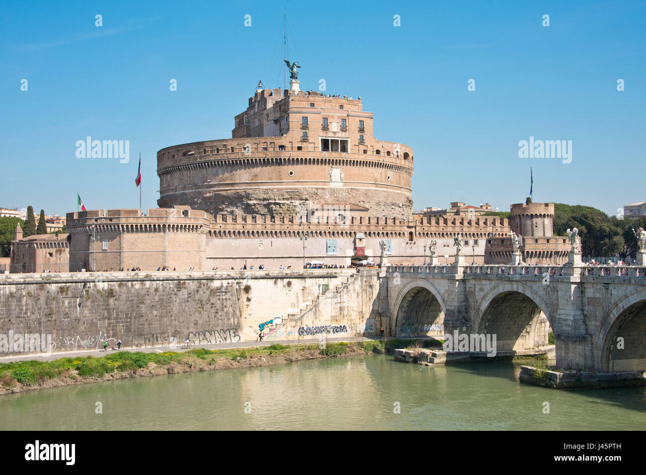 The Mausoleum of Hadrian, usually known as Castel Sant'Angelo 'Castle of the Holy Angel', is a towering cylindrical building in Parco Adriano. It was  Stock Photo