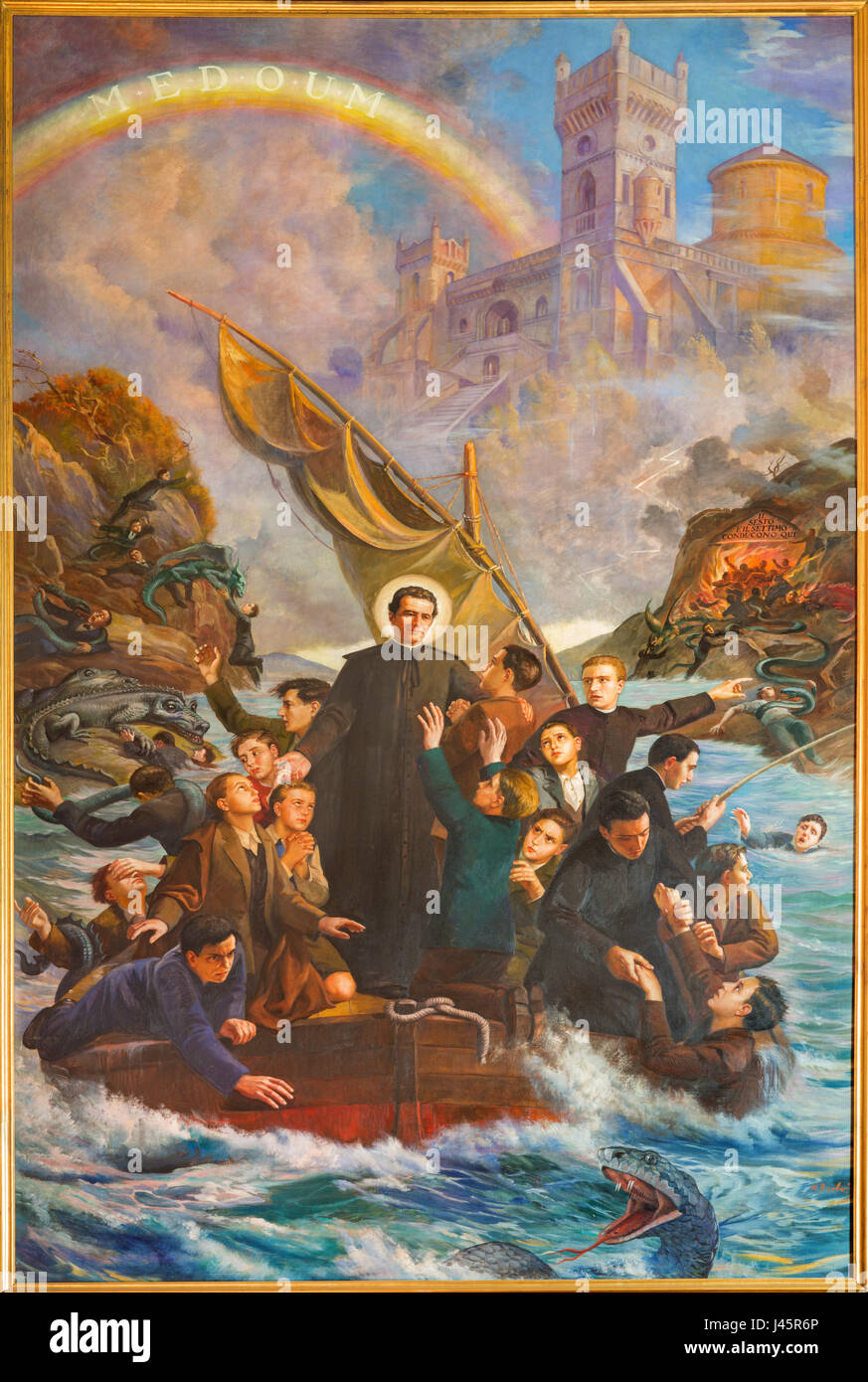TURIN, ITALY - MARCH 15, 2017: The painting of glorious dreams of Don Bosco  'Sogno  della  Zattera' or The Road to Hell Stock Photo