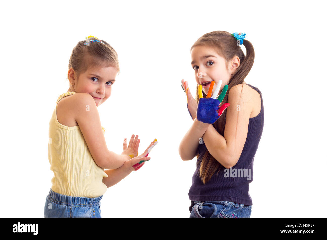 Little girls with colored hands Stock Photo Alamy