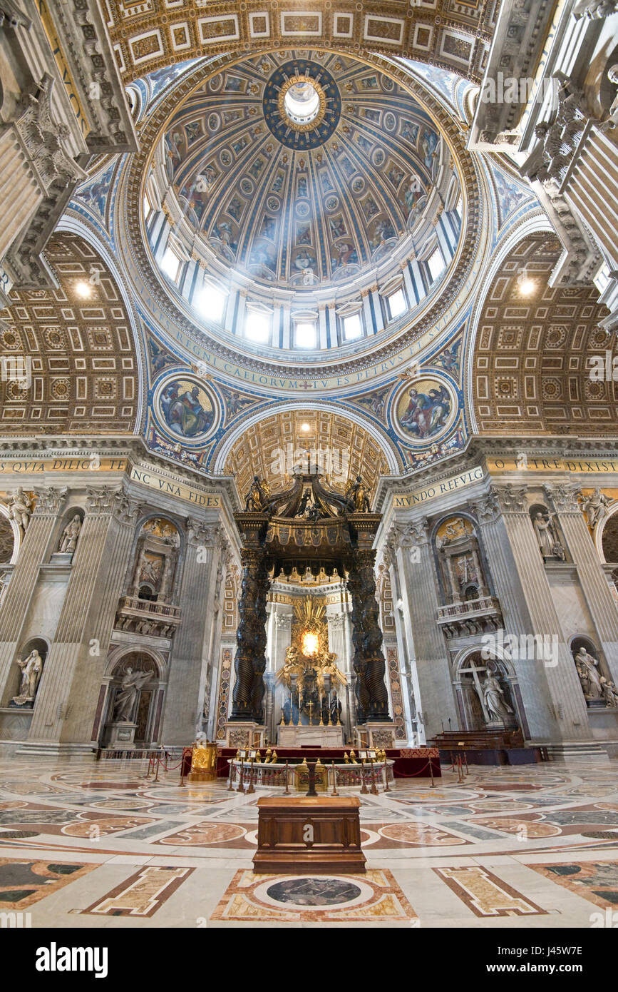 An wide angle interior view inside St Peter's Basilica of the main alter  and dome Stock Photo - Alamy