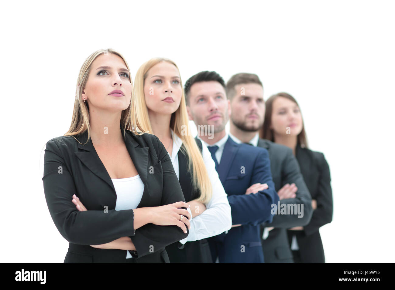 Happy business team with arms crossed at the office Stock Photo - Alamy
