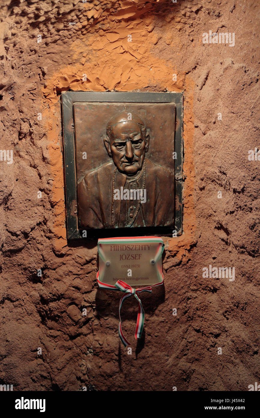 Memorial to József Mindszenty, former Chatholic leader in Hungary in the Cave Church, inside Gellért Hill, in Budapest, Hungary. Stock Photo
