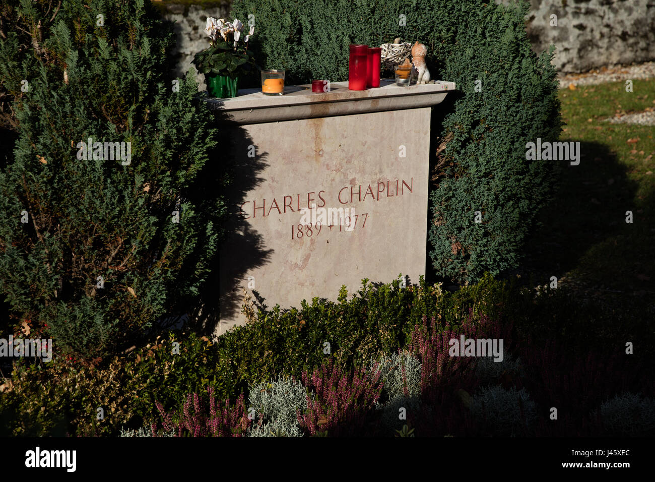 The grave and headstone of Charles Chaplin, silent film actor and director. Corsier sur Vevey Cemetery. 20th November 2016 Stock Photo