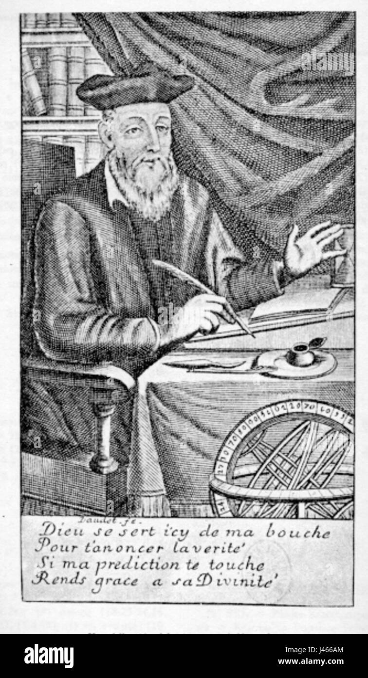 This portrait of Nostradamus, created around 1690, depicts the famed astrologer and prophet, known for his predictions. His works continue to influence modern interpretations of prophecy and mysticism. Stock Photo