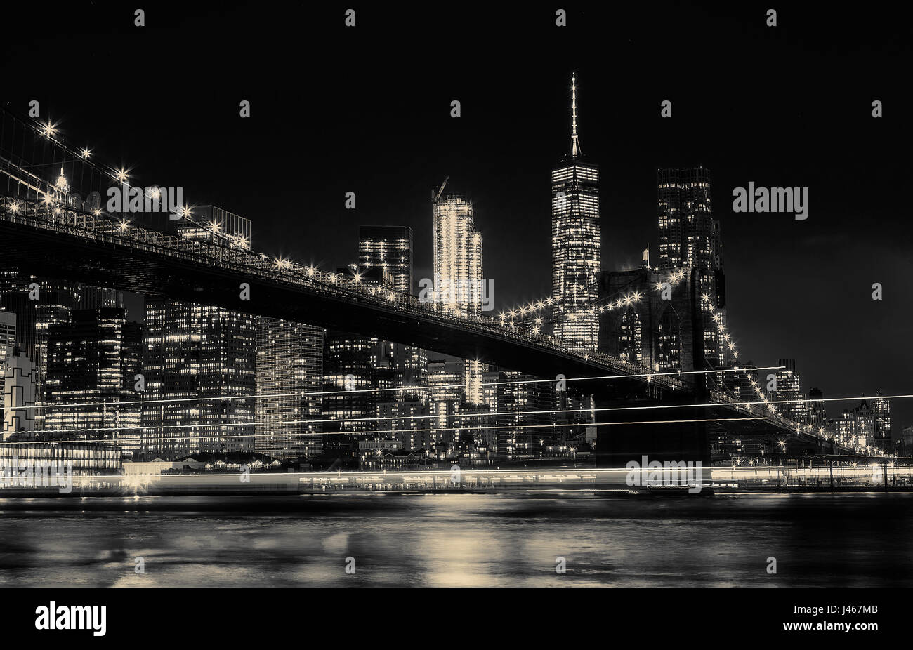 BW photo Brooklyn Bridge and Manhattan Skyline At Night, New York City ...