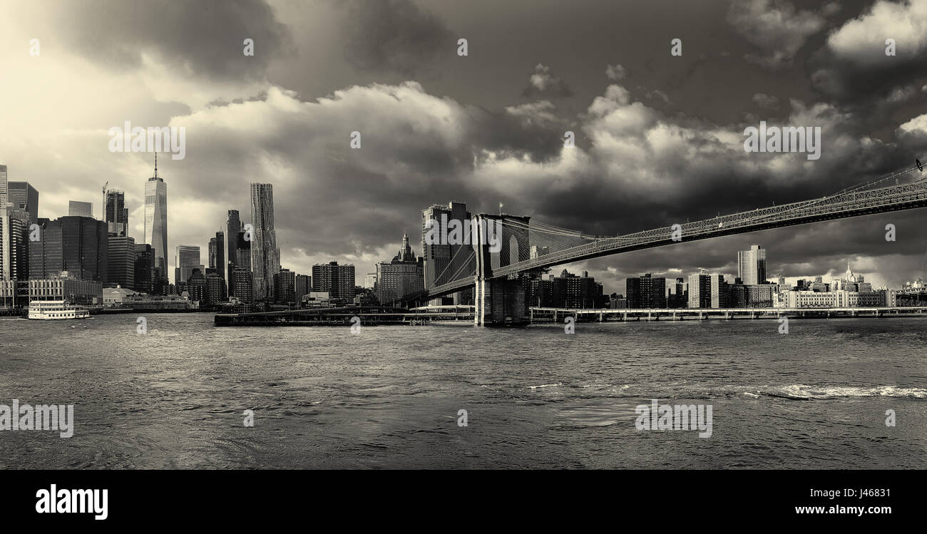 BW photo The Brooklyn Bridge and Manhattan Skyline from Brooklyn, New York. Stock Photo