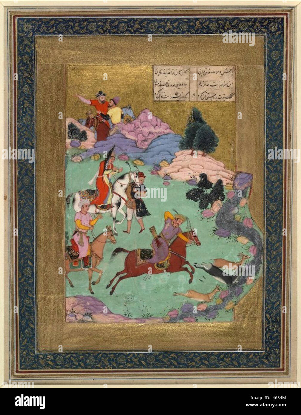 Painting depicts Bahram Gur (central figure) on horseback hunting three doe, from a Khamseh of Amir Khusrau Dihlavi. Stock Photo