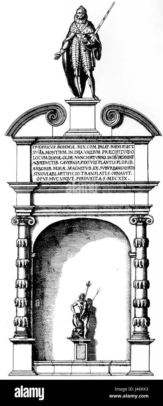Nische mit Neptunbrunne und Portalumrahmung mit Friedrich V Stich von  Salomon de Caus Stock Photo - Alamy