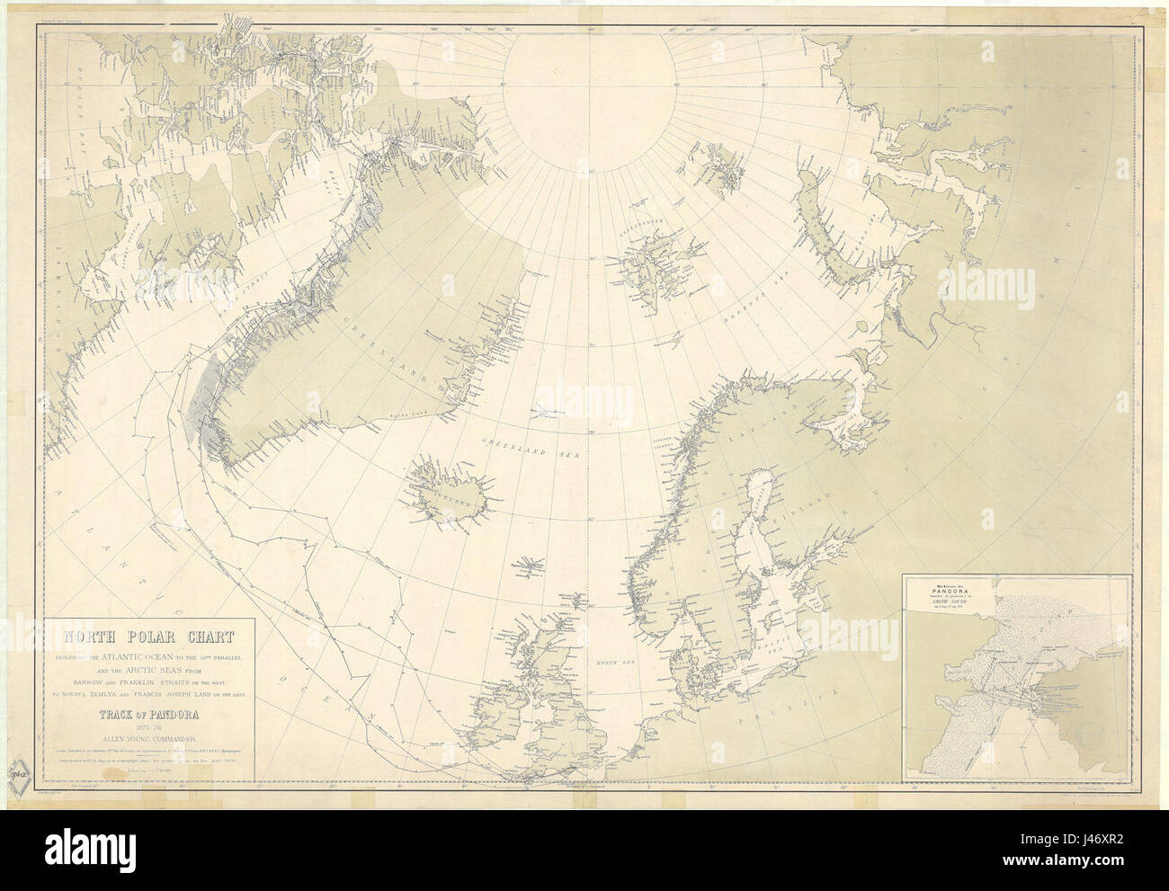 North Polar Chart, including the Atlantic Ocean to the 50th Parallel and the Arctic Seas from Barrow and Franklin Straits on the West, to Novaya Zemlya and Francis Joseph Land on the East   UvA BC OTM HB KZL 65 03 24 Stock Photo