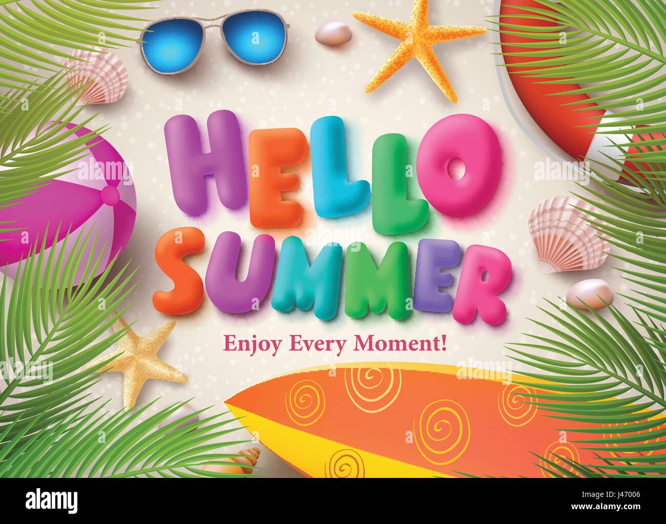 Hello summer colorful vector text in banner design with palm leaves ...