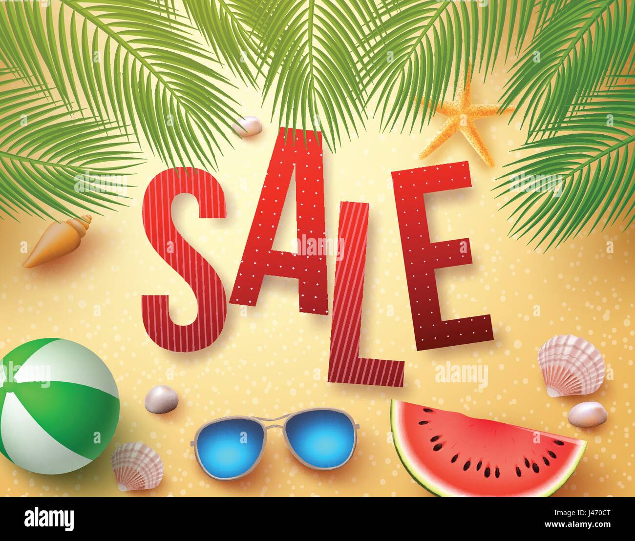 Summer sale vector banner design with palm leaves, elements and objects ...