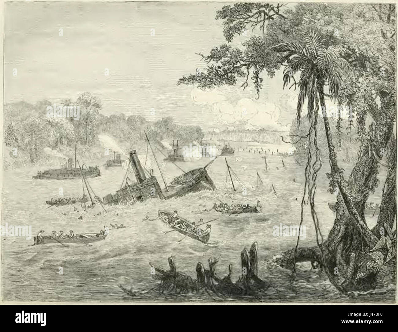 Naval Warfare in Paraguay. Destruction of a Brazilian Gunboat by a torpedo Stock Photo