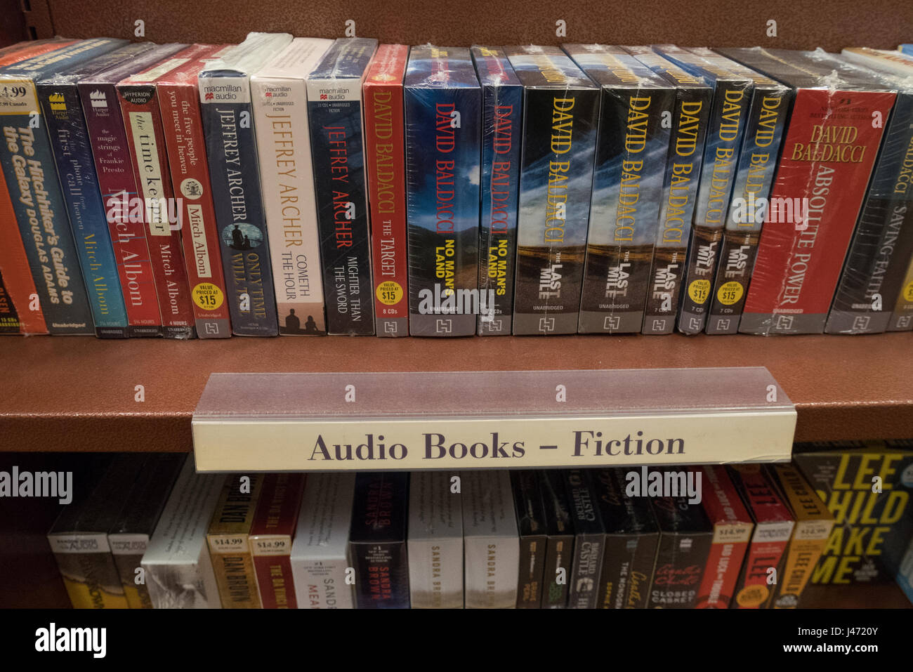Audio books on a shelf at a book store Stock Photo