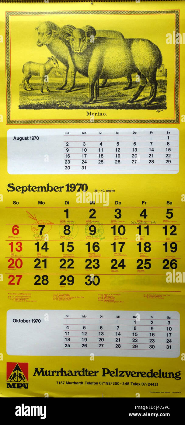 Murrhardter Pelzveredlung, Jahreskalender 1970 (09) Stock Photo