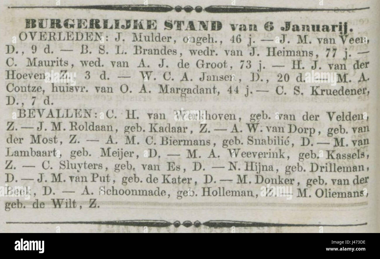 Nieuwe Rotterdamsche Courant no 7 Burgerlijke stand van 6 Januarij Stock Photo