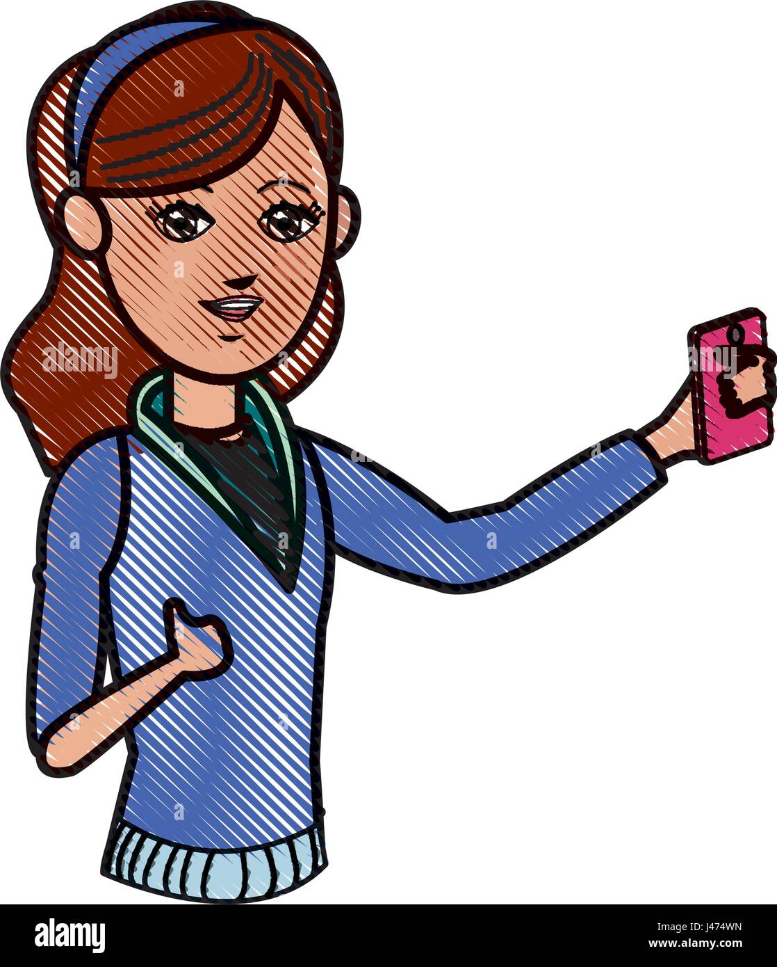 drawing young girl holding smartphone device design Stock Vector