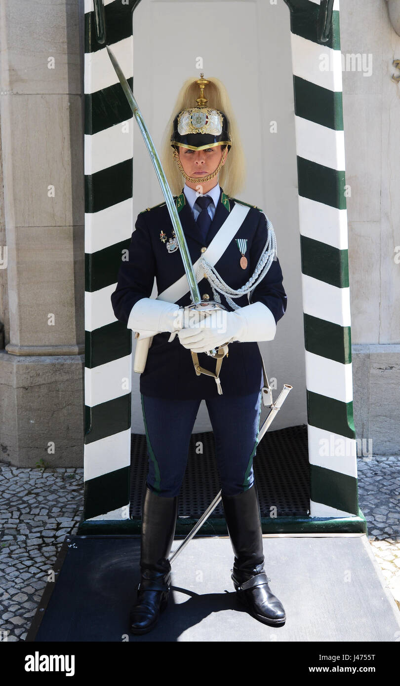 Portrait of a Portuguese National Republican  Guard female soldier at the Presidential palace in belem, Lisbon. Stock Photo