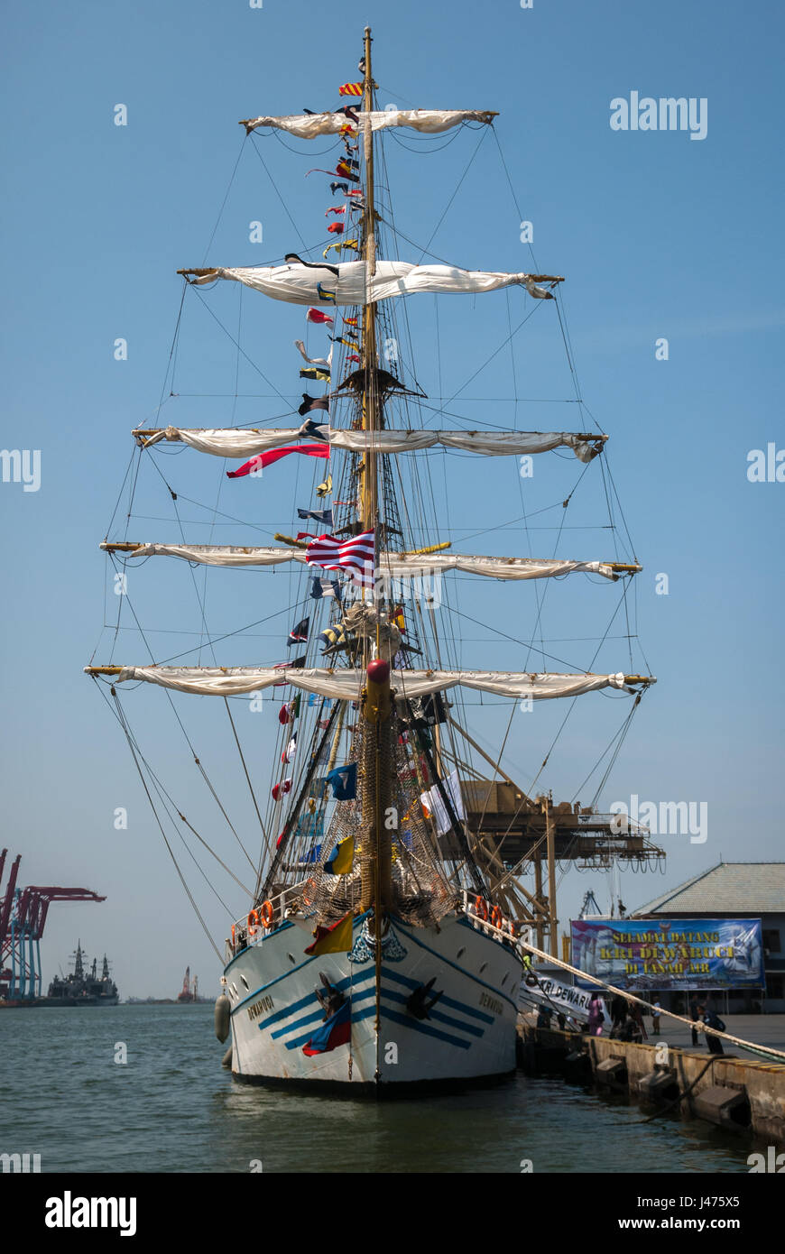 Front side of KRI Dewaruci, sail training vessel for Indonesian Navy cadets. Stock Photo