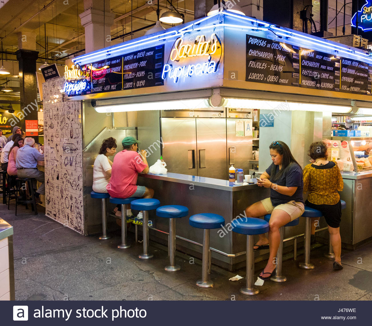 People Sitting On Stools At Counter At Sarita S Pupuseria In Grand Central Market Los Angeles California Usa Stock Photo Alamy