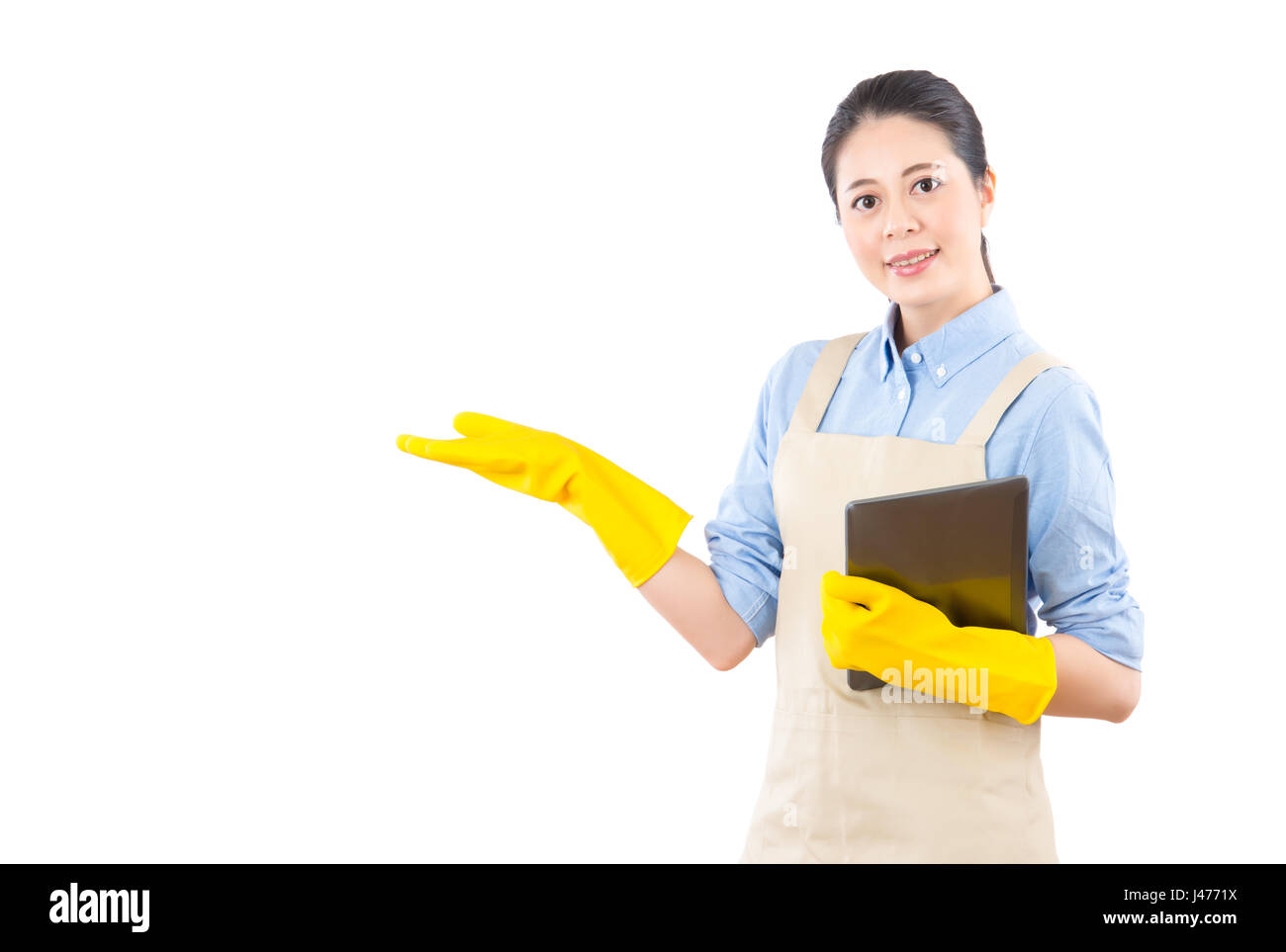 house wife presenting home cleaning services hand gesture for stock cleaning services advertisement