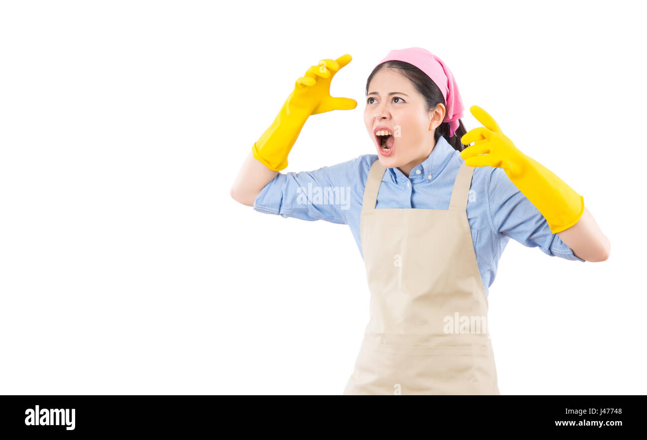 tired and busy multitasking job mom feel crazy insane calling for help with yellow cleaning gloves, isolated on white background. housework and househ Stock Photo