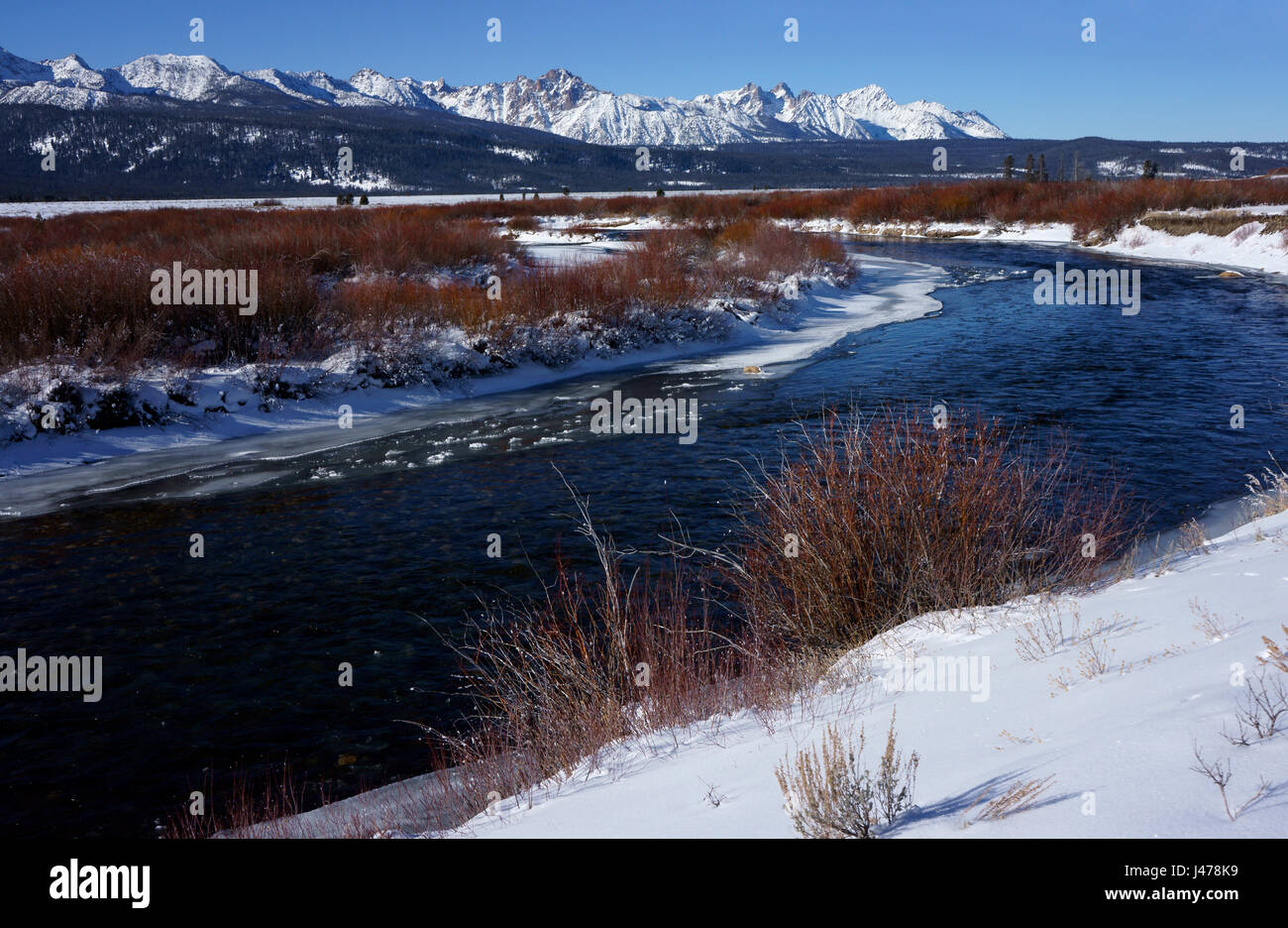 Big Salmon River and Sawtooth mountain range, winter, Idaho Stock Photo