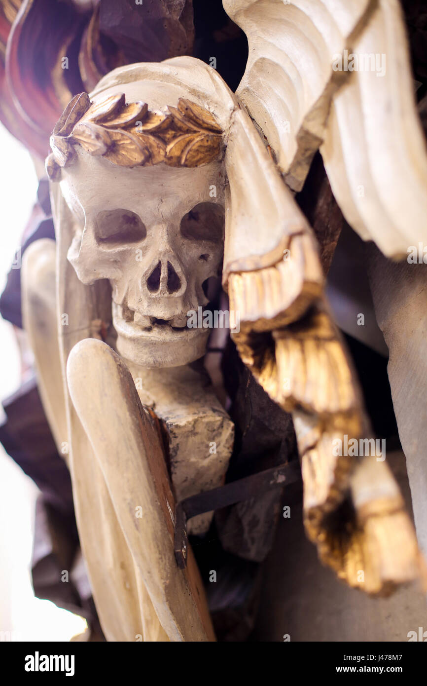 Detail scuplture of a skull with a laurel crown in the Church of Saint Andrew in Antwerp, Belgium. Stock Photo