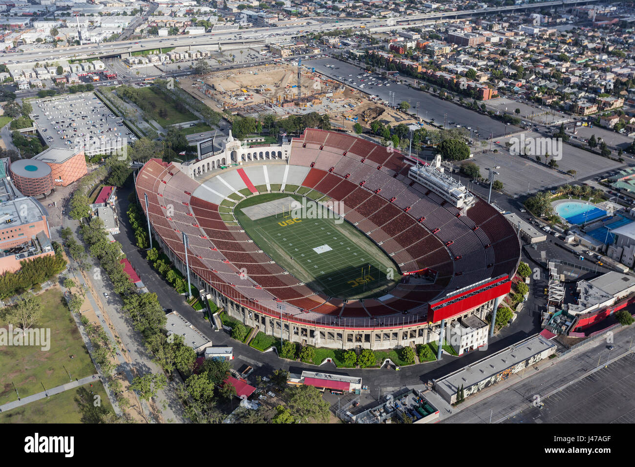 Los Angeles, California, USA - April 12, 2017:  Aerial view of the historic Coliseum stadium near downtown and USC. Stock Photo