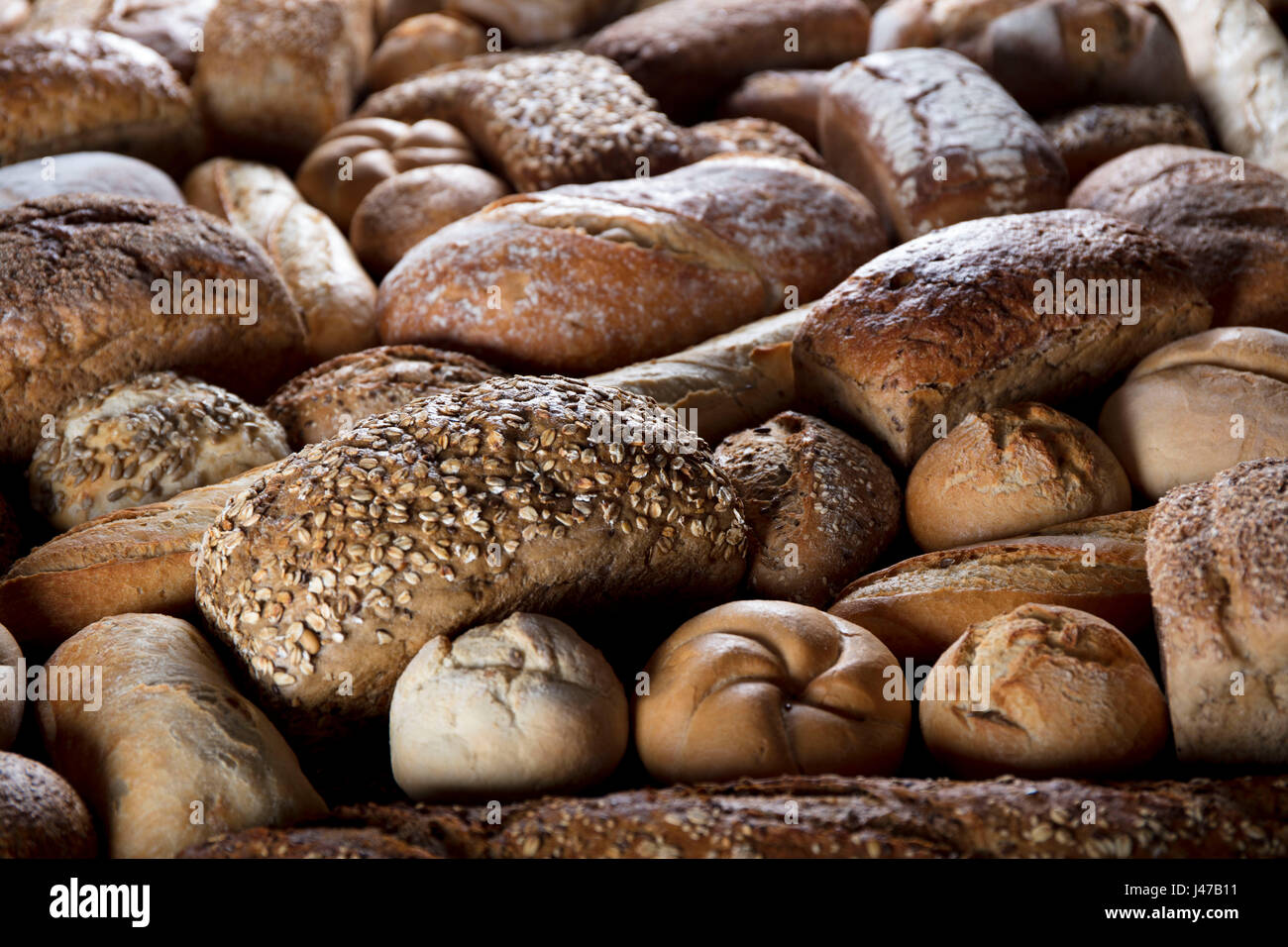 Baked goods. Mixed bread top view studio shots Stock Photo - Alamy