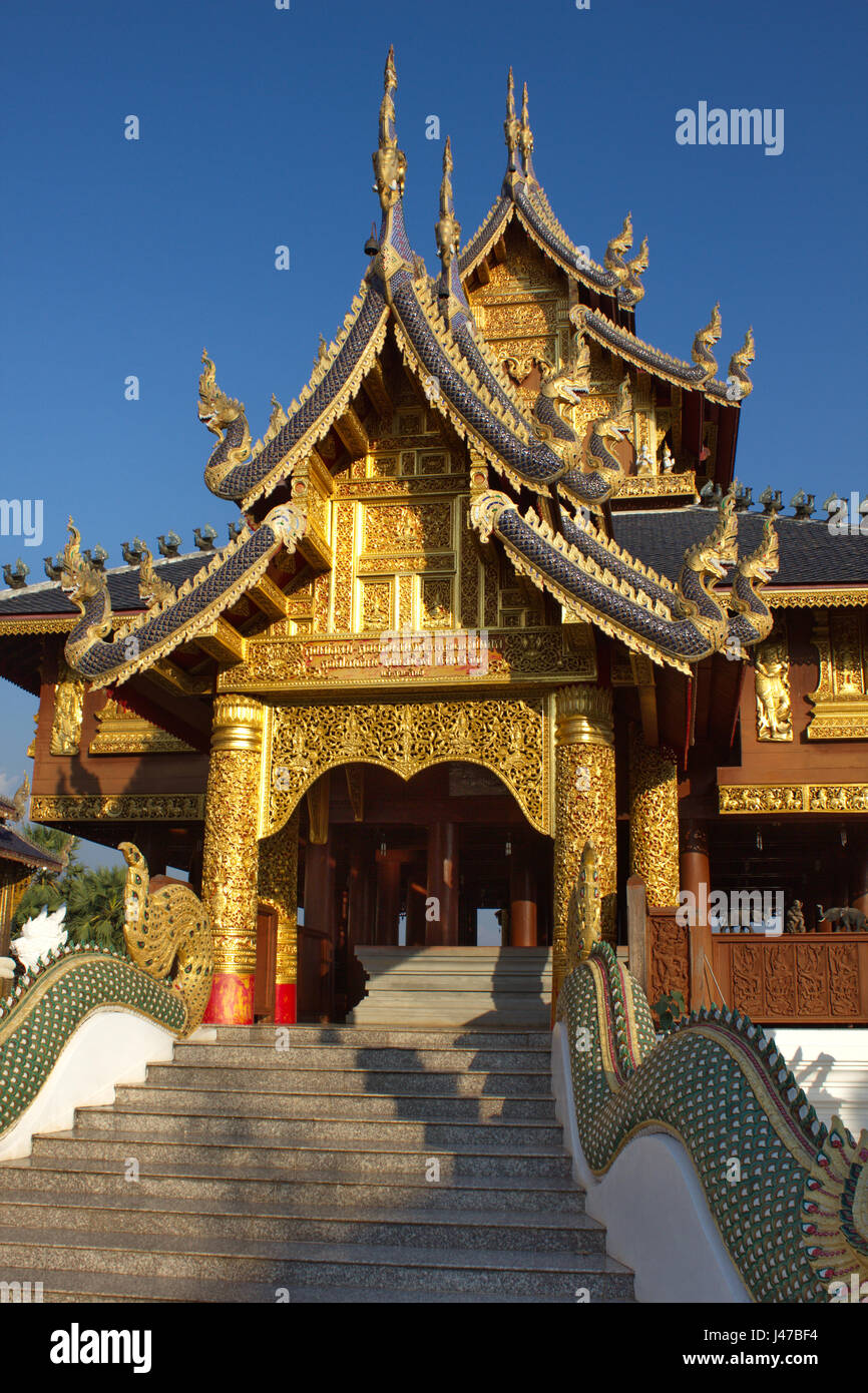 The magnificent Lanna-style teakwood viharn (sermon hall) at the Buddhist temple complex of Wat Ban Den, Mae Taeng, Chiang Mai, Thailand Stock Photo