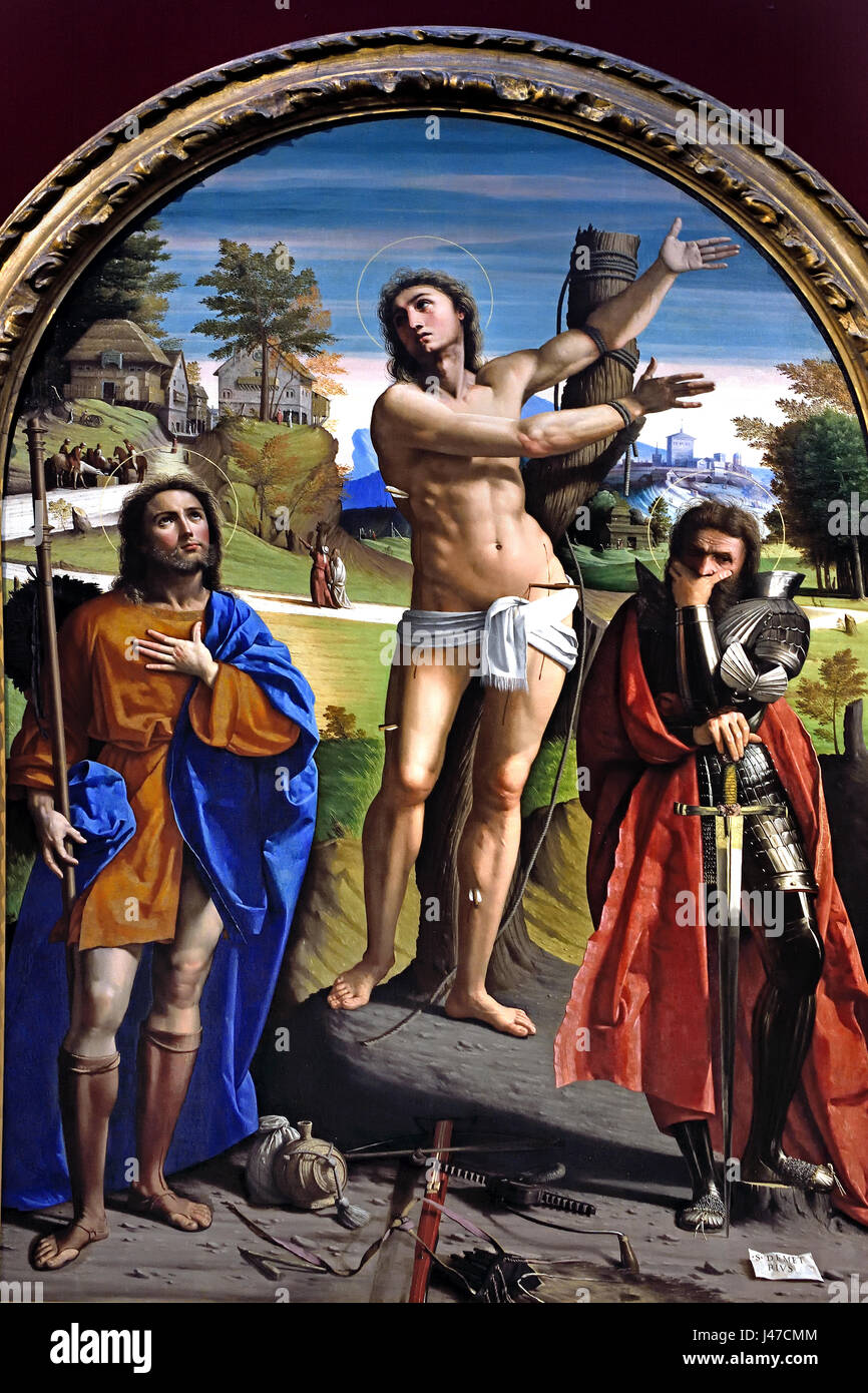 'Saints Sebastian, Roch and Demetrius 1520 by Ortolano (1480-1525) Ferrara School Italy Italian 16th Century Stock Photo