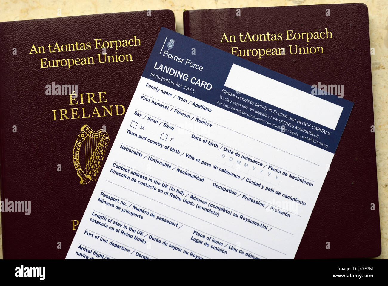 Brexit, EU, Ireland, Irish, Passport, UK, United Kingdom, Landing Card, Border Force, Immigration, Migration, Hard border, requirement, control, contr Stock Photo