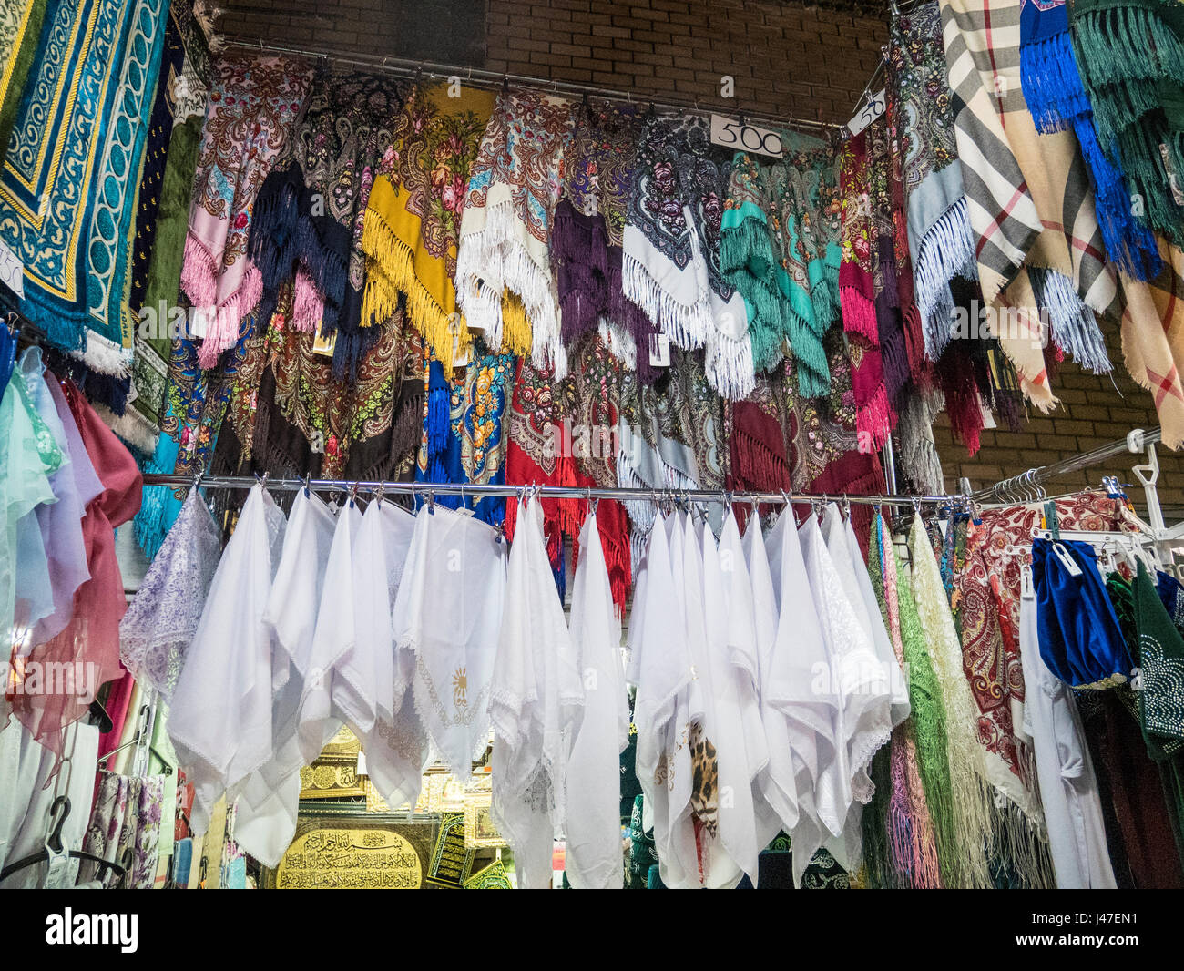Scarves and shawls on a market stall in Kazan Stock Photo