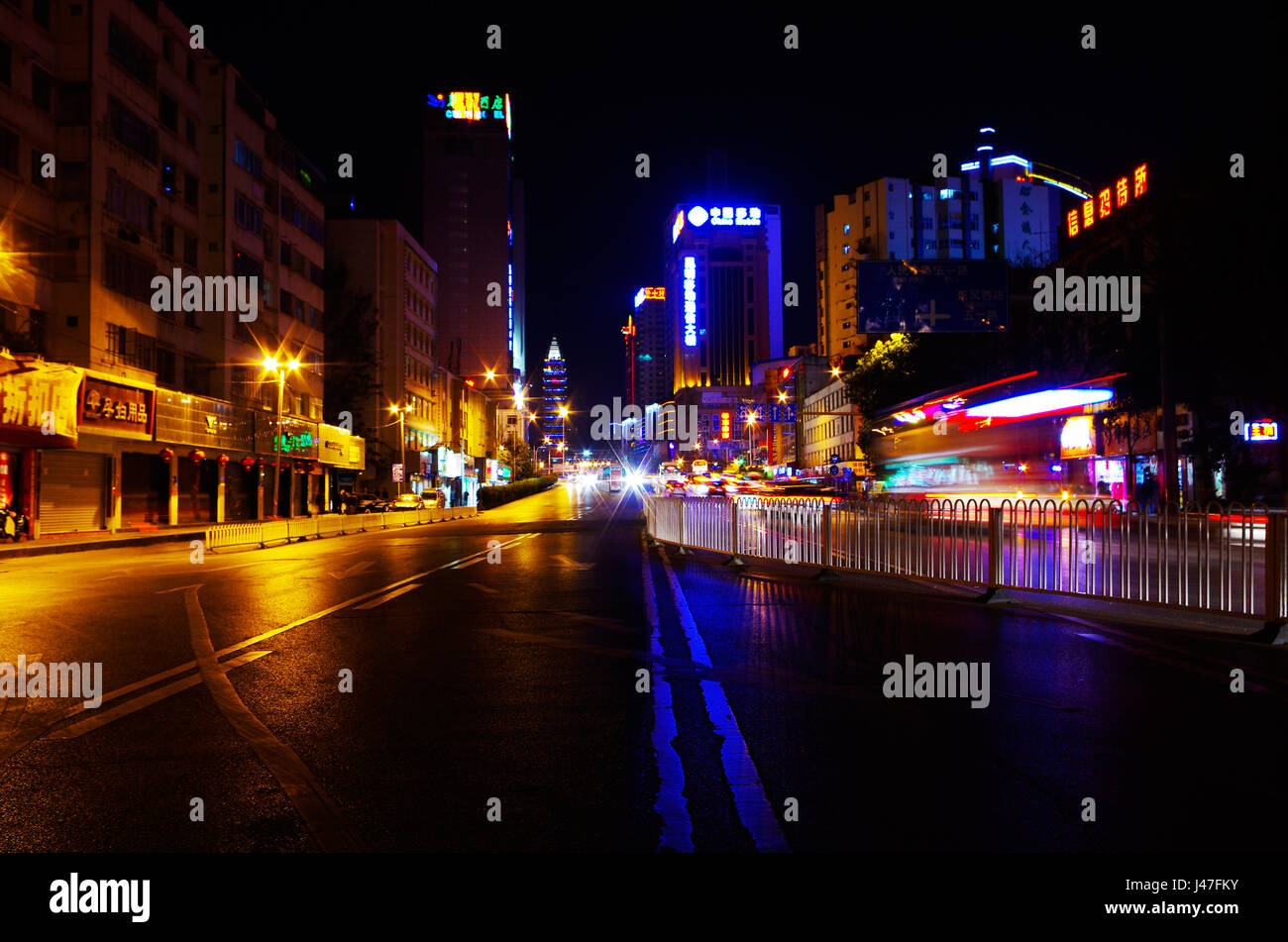 Street Race. Street lights in Kunming, Yunnan, China Stock Photo