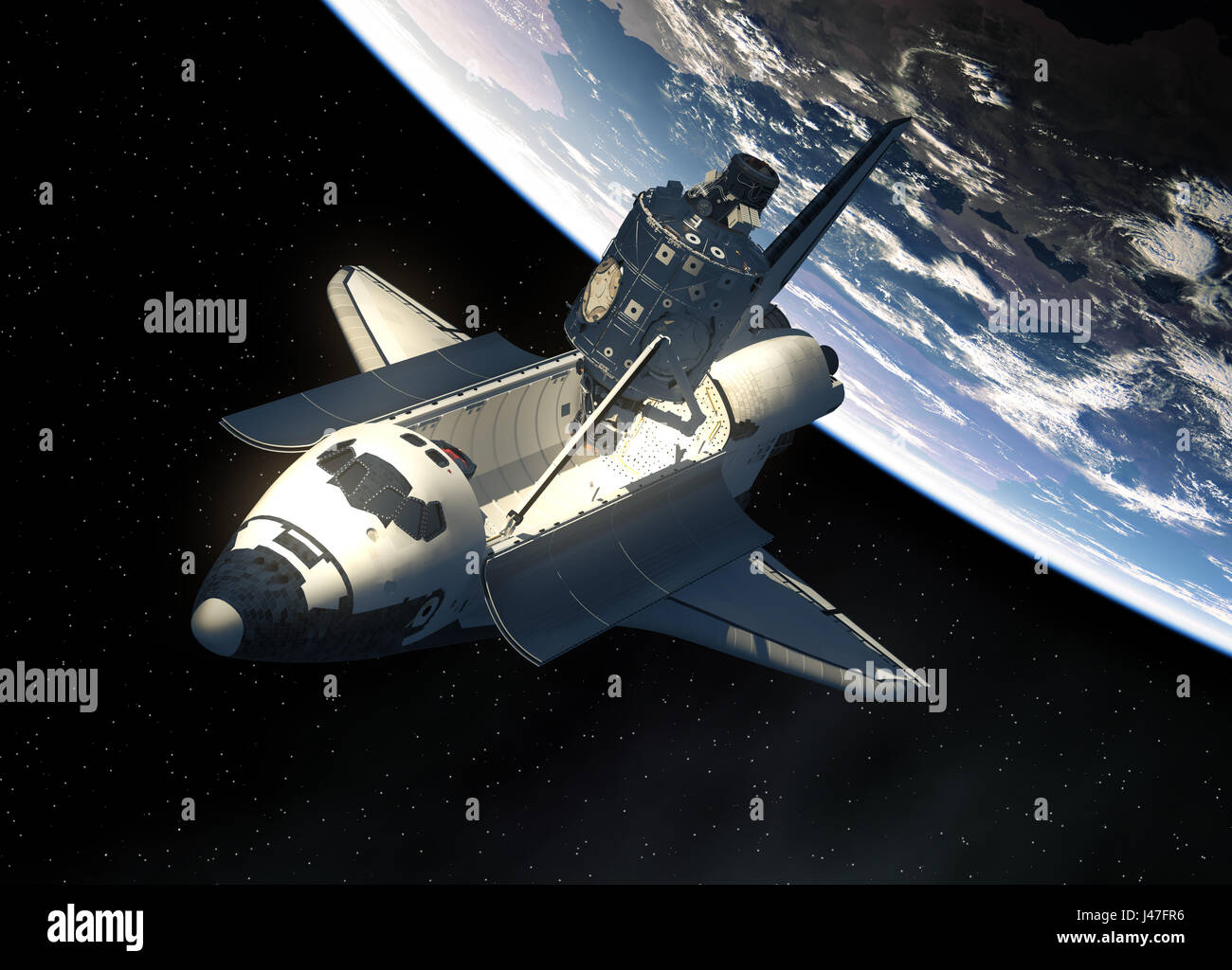 Space Shuttle And Module Of International Space Station Stock Photo