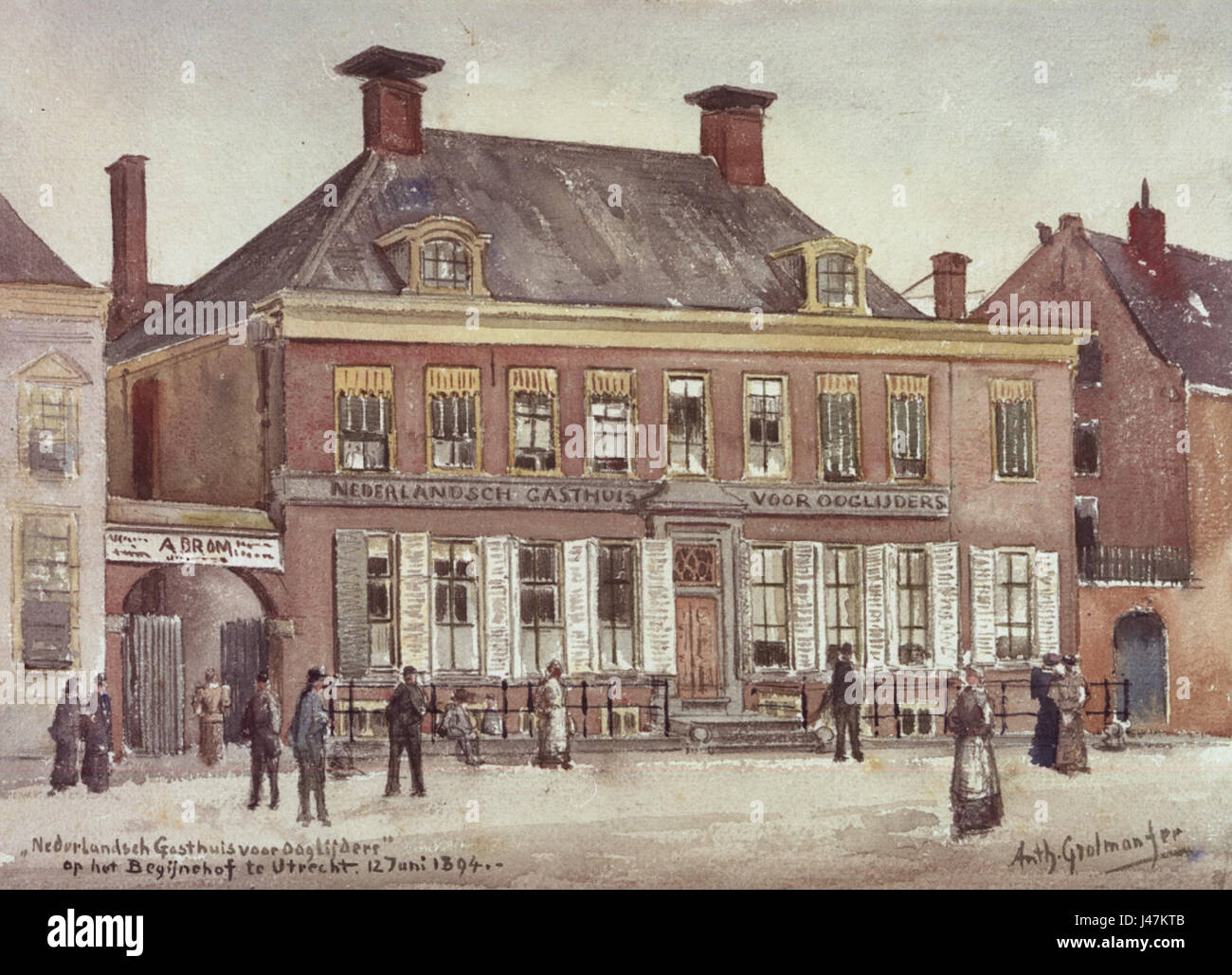 Ooglijdersgasthuis, located in a Begijnhof in the Netherlands, was a historical complex known for housing religious women and elderly citizens during the medieval period. The Begijnhof was a spiritual and social community. Stock Photo