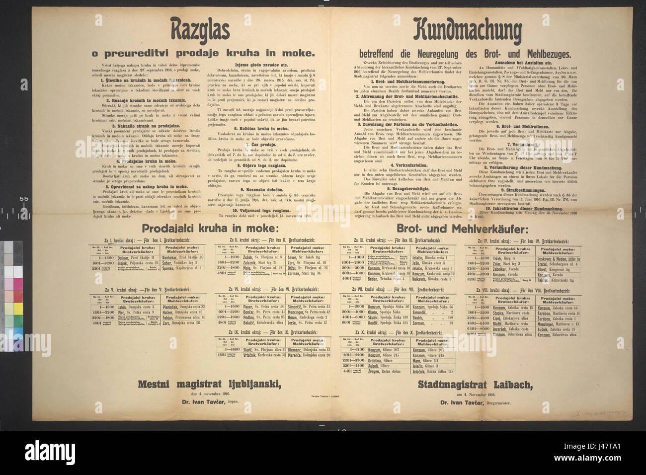 Neuregelung Brot  und Mehlbezug   Kundmachung   Laibach   Mehrsprachiges Plakat 1916 Stock Photo