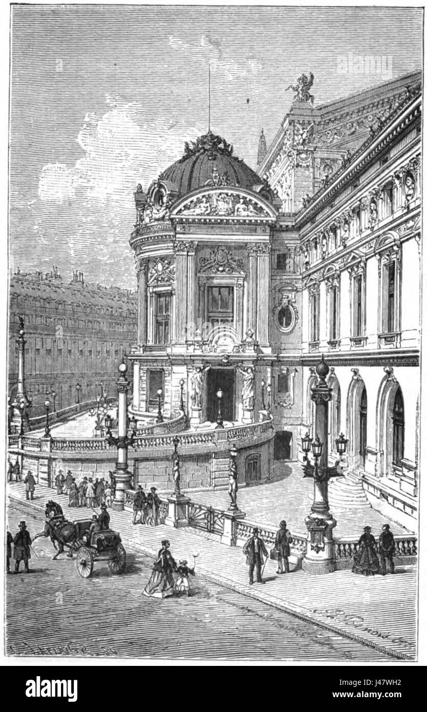 The Palais Garnier, a famous opera house in Paris, features the Emperor's Pavilion, as depicted in this 1875 illustration by Nuitter. This architectural masterpiece reflects the grandeur and opulence of 19th-century French theater. Stock Photo