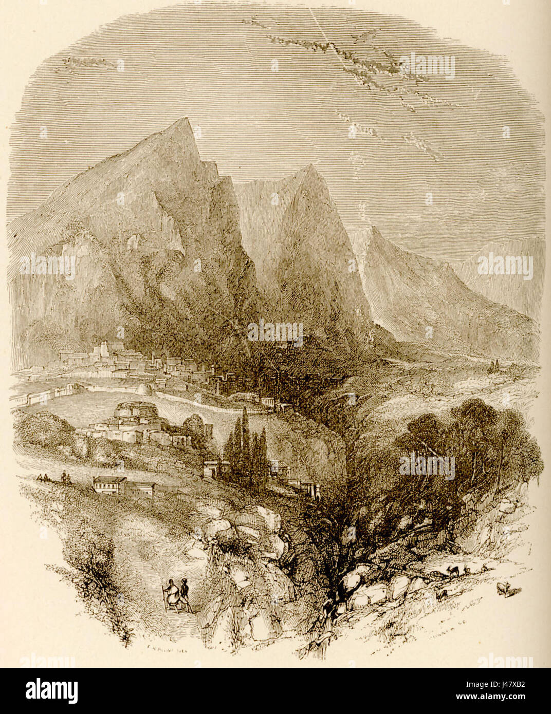 This 1882 illustration, 'Mount Parnassus, from Delfi' by Christopher Wordsworth, depicts the famous Greek mountain associated with the arts and literature, especially in Greek mythology. Stock Photo