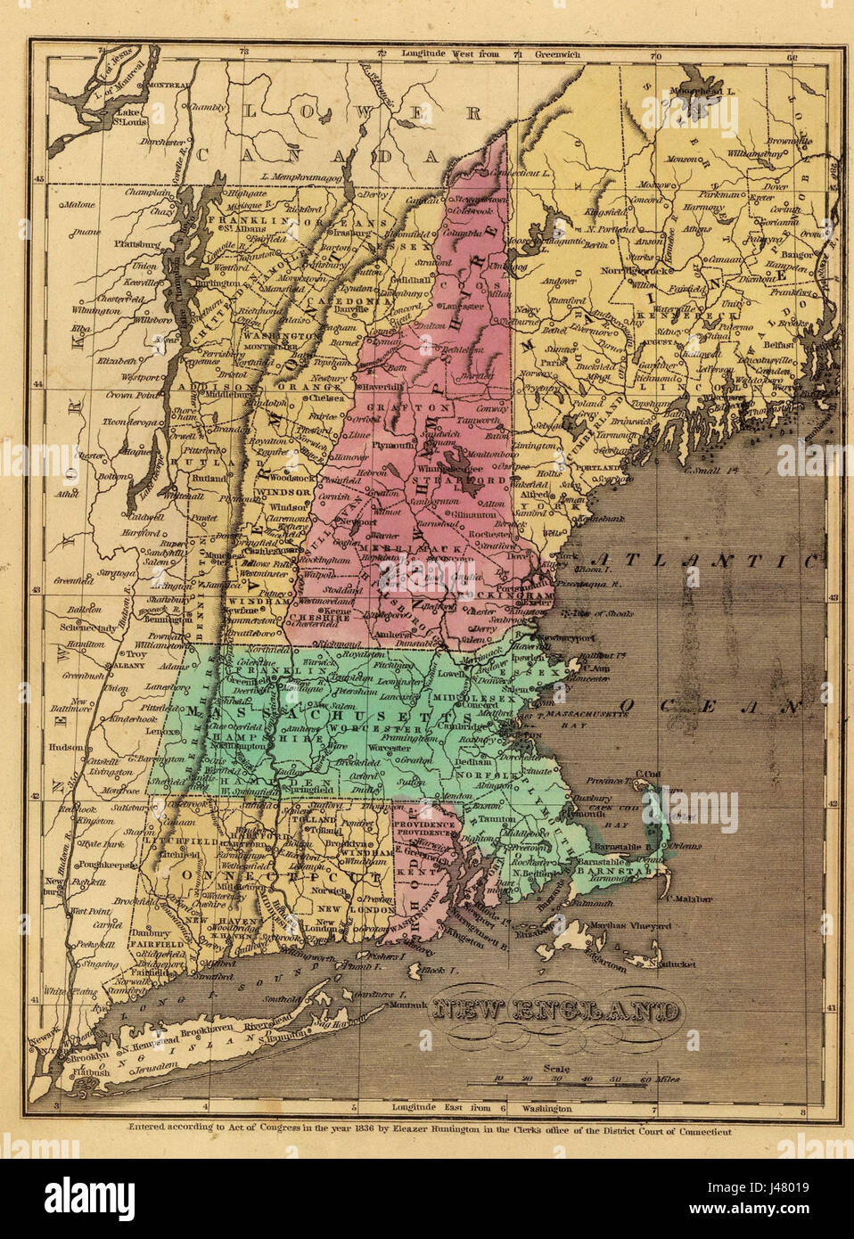 This historical depiction of New England from 1836 provides insight into the regionâ€™s geography, development, and early 19th-century landscape, showing towns, waterways, and roadways. Stock Photo