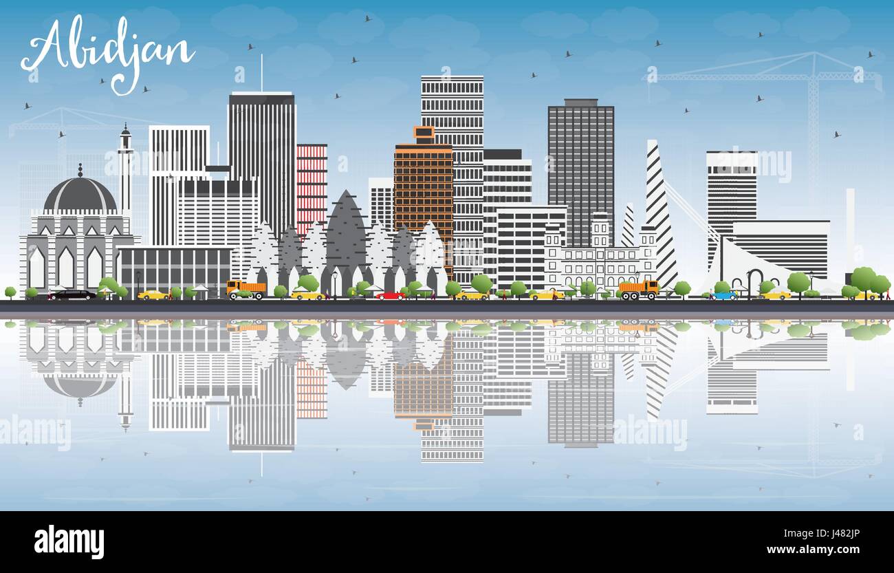 Abidjan Skyline with Gray Buildings, Blue Sky and Reflections. Vector Illustration. Business Travel and Tourism Concept with Modern Architecture. Stock Vector