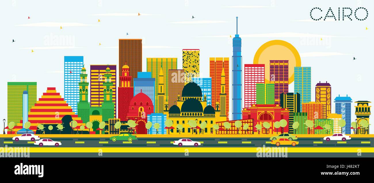 Cairo Skyline with Color Buildings and Blue Sky. Vector Illustration ...