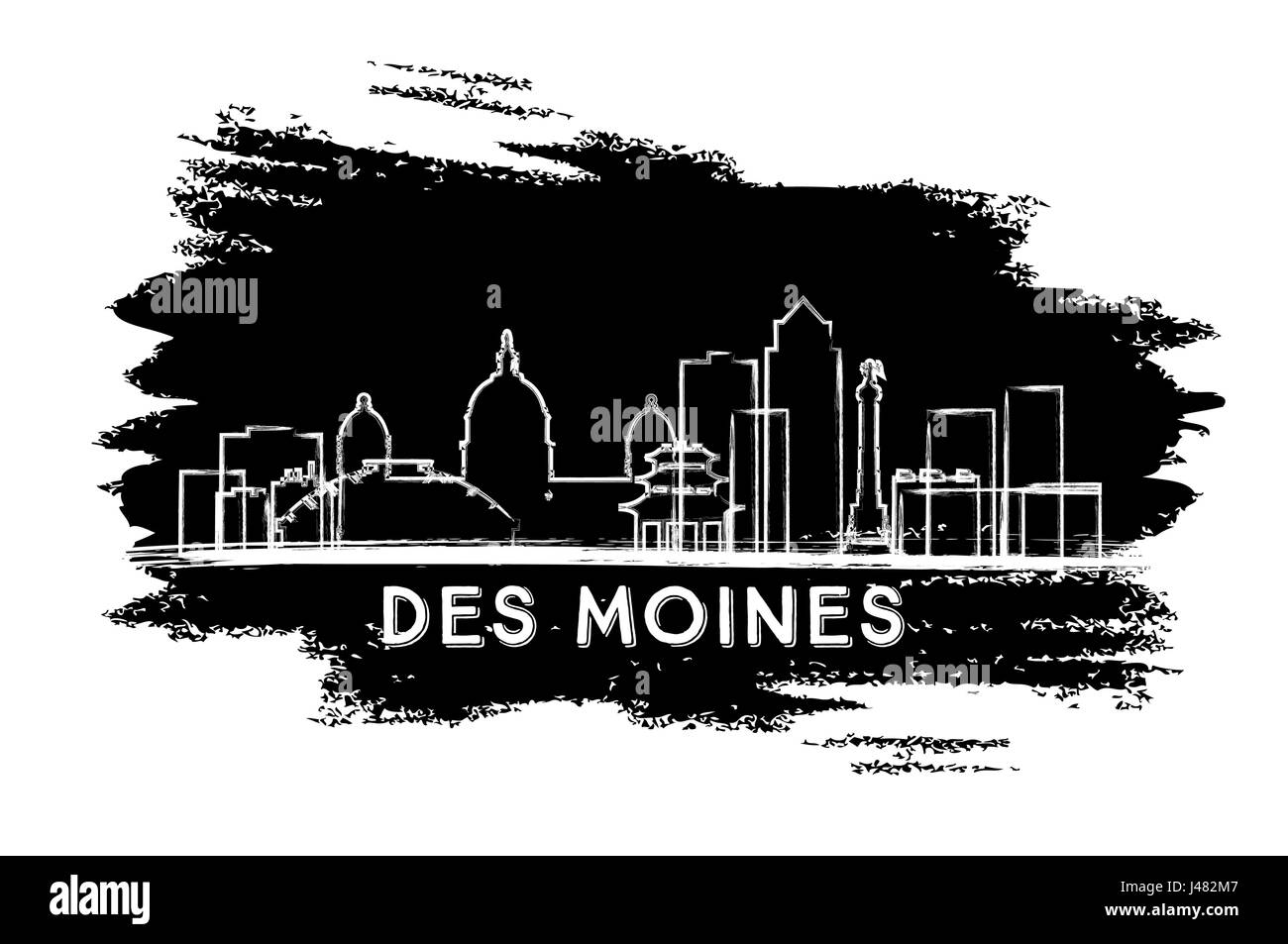 Des Moines Skyline Silhouette. Hand Drawn Sketch. Stock Vector