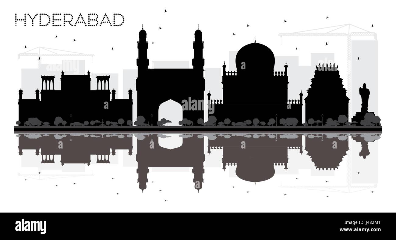 Hyderabad City skyline black and white silhouette with reflections. Vector illustration. Simple flat concept for tourism presentation, banner, placard Stock Vector