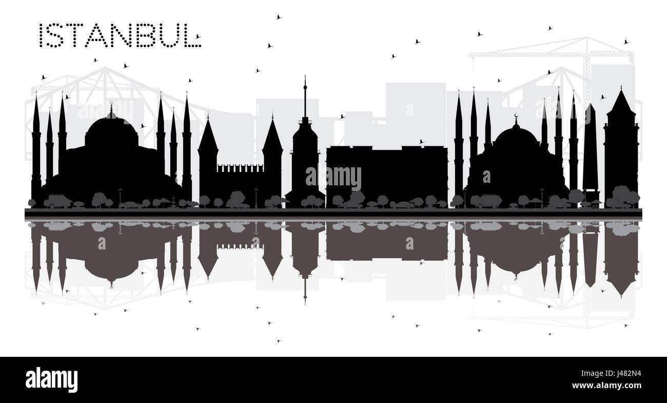 Istanbul City skyline black and white silhouette with reflections. Vector illustration. Simple flat concept for tourism presentation, banner, placard  Stock Vector