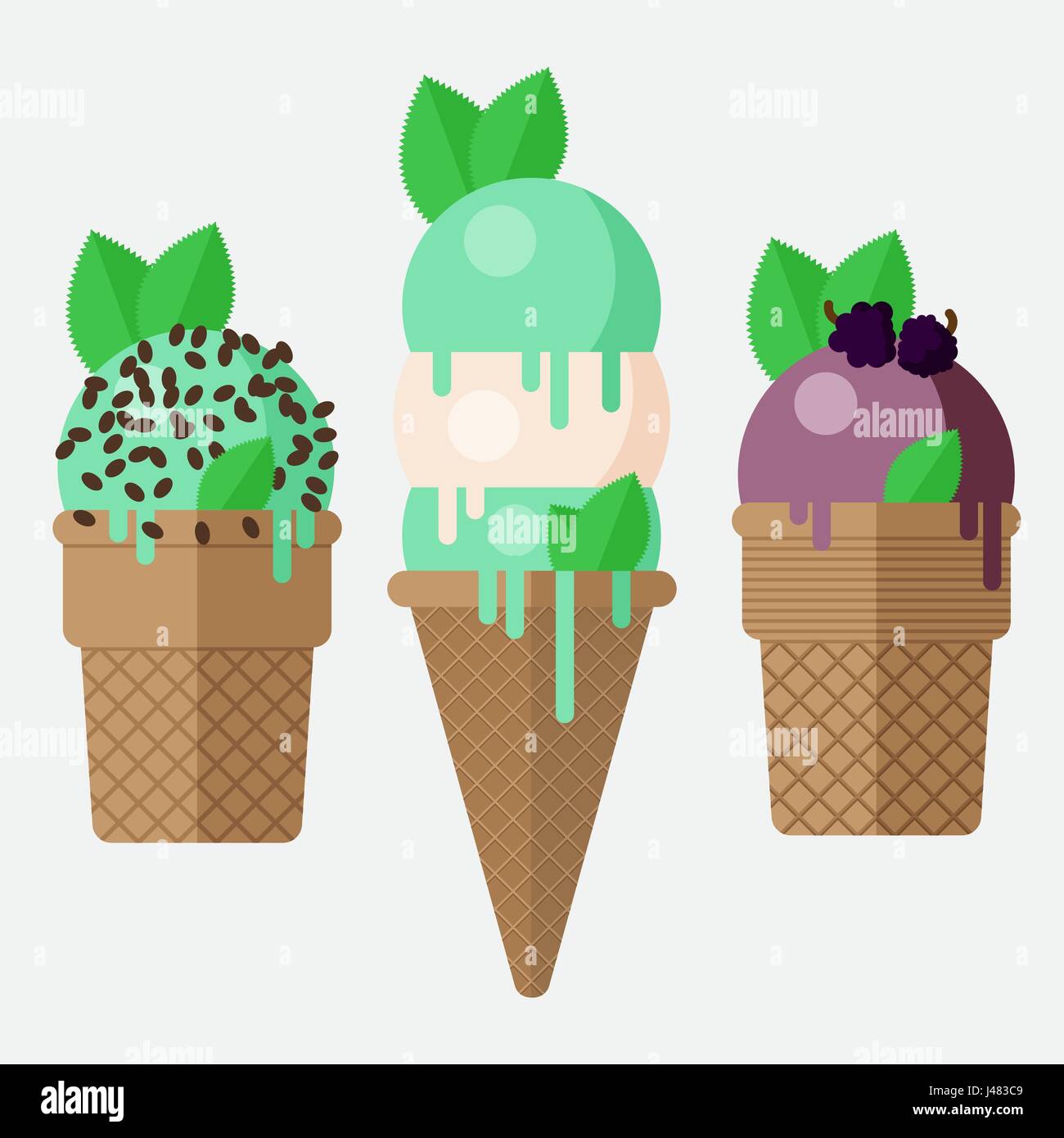 Mint ice cream cone. Mint ice cream scoop in cone with vanilla